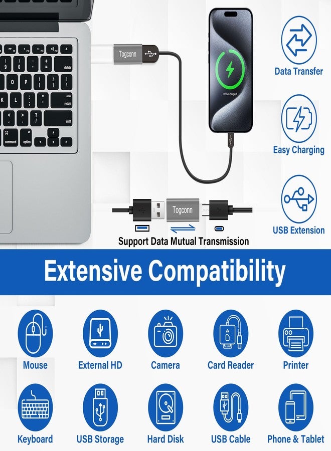 Togconn USB to USB C Adapter 2 Pack, Bi-Directional USB Type-C (Female) to USB Type-A (Female) On-The-Go (OTG) Converter Connector Support Charging & Data Sync for Laptop, PC, iPhone, MacBook Pro - Image 2